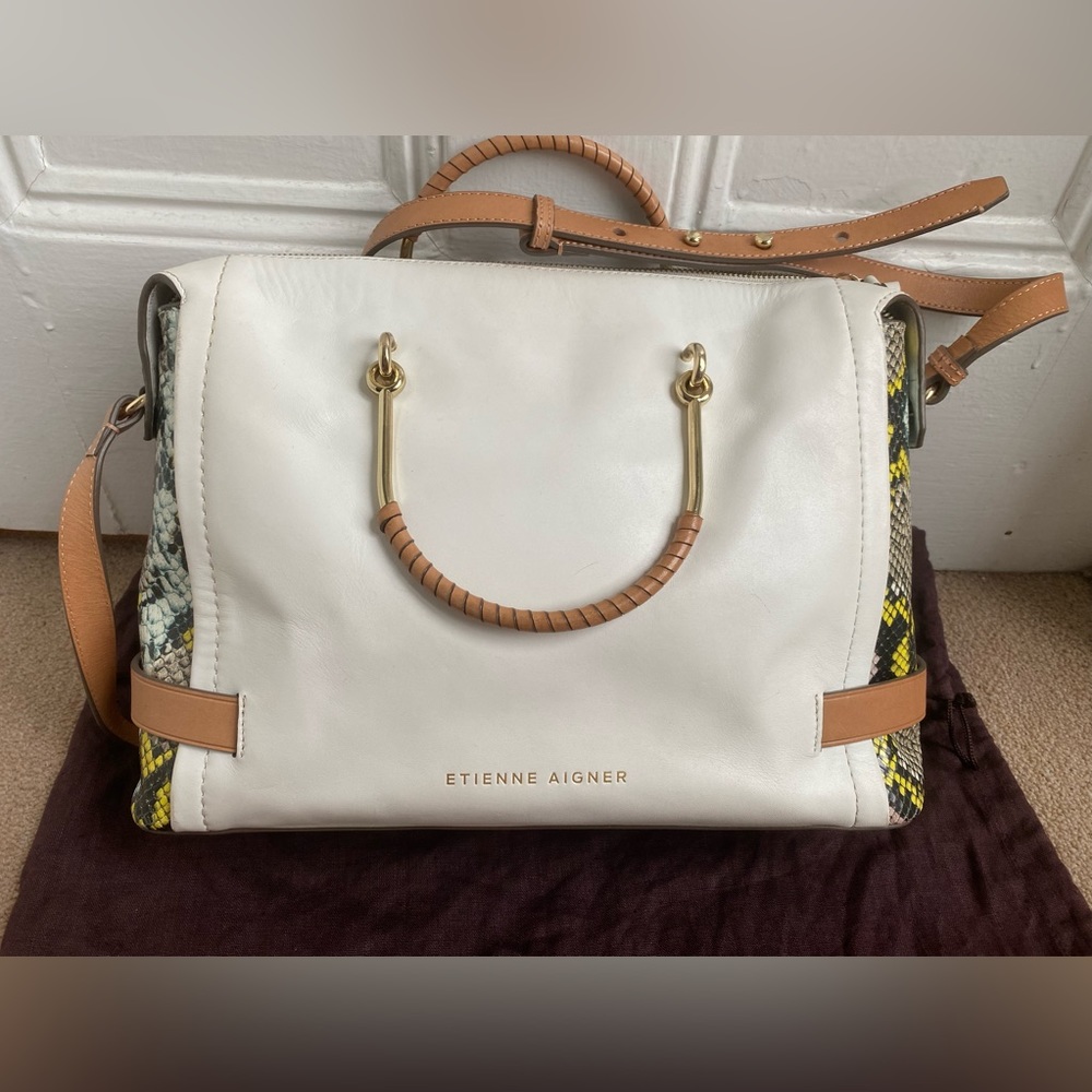 Etienne Aigner Leather Agnes Satchel Shoulder Bag White Tan Snake Black …